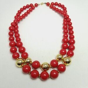 Vintage Red Beded Two Strand Necklace with Gold Tone Accents, Retro Statement